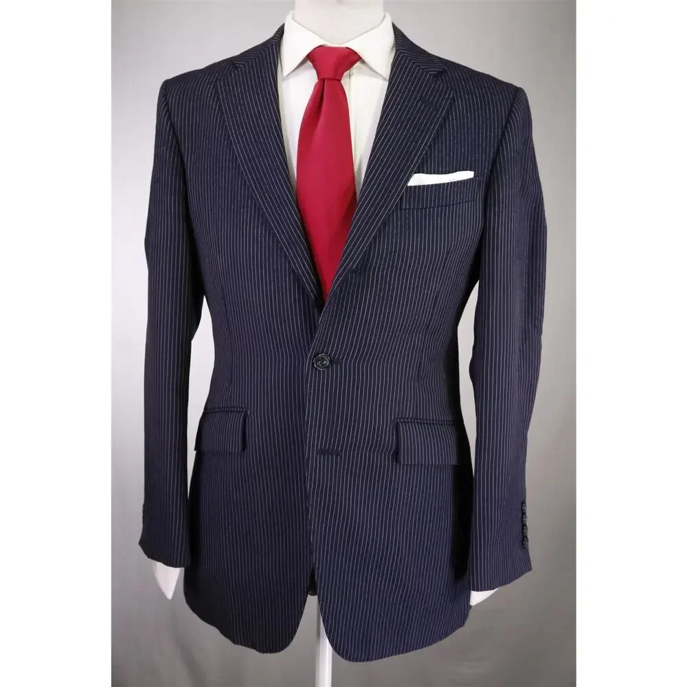 Richard James Savile Row Navy Blue Thin Striped British Wool 3/2 Lapel Suit 38R